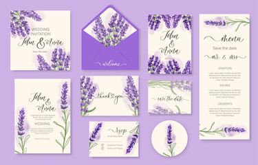 Wedding watercolor lavender floral invitation, thank you, reply, menu, rsvp. © ku4erashka