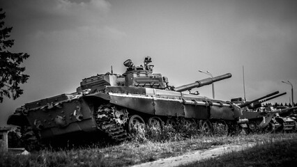 A WWII tank in black and white on the Stalin Line in Belarus