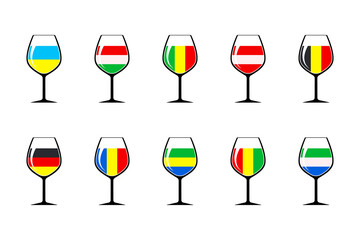 Set of glasses with drinks corresponding to the colors of the flags of the countries - Ukraine, Hungary, Mali, Austria, Belgium, Germany, Romania, Gabon, Guinea, Sierra Leone. Simple icons. Isolated.
