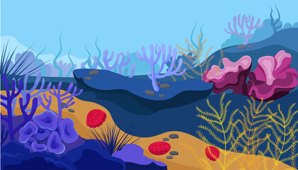 Ocean floor, corals, seaweed and seashells in bright colors.