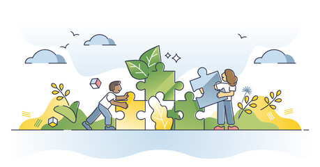 Environmental solution as ecological friendly alternative usage outline concept. Jigsaw puzzle with natural and renewable pieces as sustainable planet resources consumption symbol vector illustration. - obrazy, fototapety, plakaty