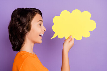 Side profile photo portrait schoolboy telling idea keeping cloud with copyspace isolated pastel purple color background