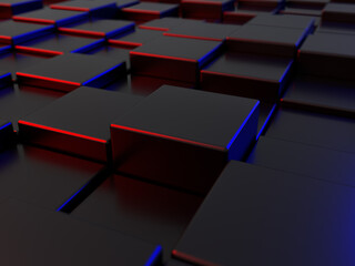 Abstract style background image Is a rectangular and polygonal shape lined up High and low, not the same, gamer style It has red and blue light. 3D Scene.