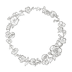 Vintage wreath of meadow flowers - vector hand-drawn lines. Maybe use for wedding invitation, card design,  textile. 