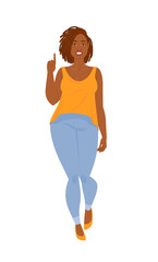 Emotions. Beautiful curvy black woman in casual clothes with dreadlocks, full length.