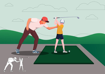 Golf teacher teaches children to play golf with golf clubs on green grass, cartoon , silhouettes, bundle vector illustration. character in different position.