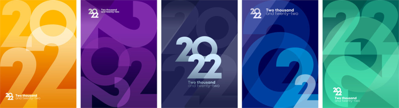 2022. Happy New Year. Set of vector illustrations. Design templates with logo 2022. Minimalistic background for banner, cover, poster.