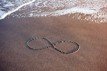 As old as the sea. The infinity symbol on wet sand as a metaphor of philosophical acceptance of the...