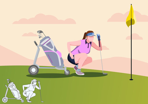 Girl in Uniform Playing Golf on Course with Green Grass. Girl Check the distance of the golf ball to Hole, Sport Game Tournament, Summer Spare Time. Flat Vector Illustration