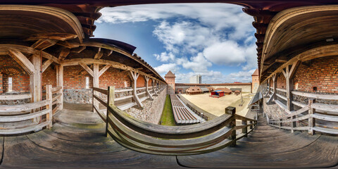 Fototapeta na wymiar full seamless spherical hdri panorama 360 degrees angle viewinside a restored medieval castle in equirectangular projection. view from castle wall near stairs, ready for VR virtual reality content