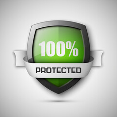 100% Protected guard shield concept. 100% safety badge icon. Privacy guarantee shield banner. Security guarantee label. Defense tag. Presentation shining sticker shape. Defense safeguard shield