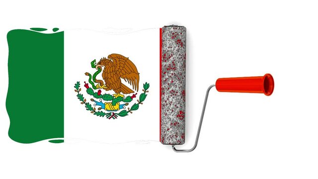 A paint roller is drawing the flag of Mexico. One paint roller is painting the flag of Mexico on a white surface. Isolated. Footage video