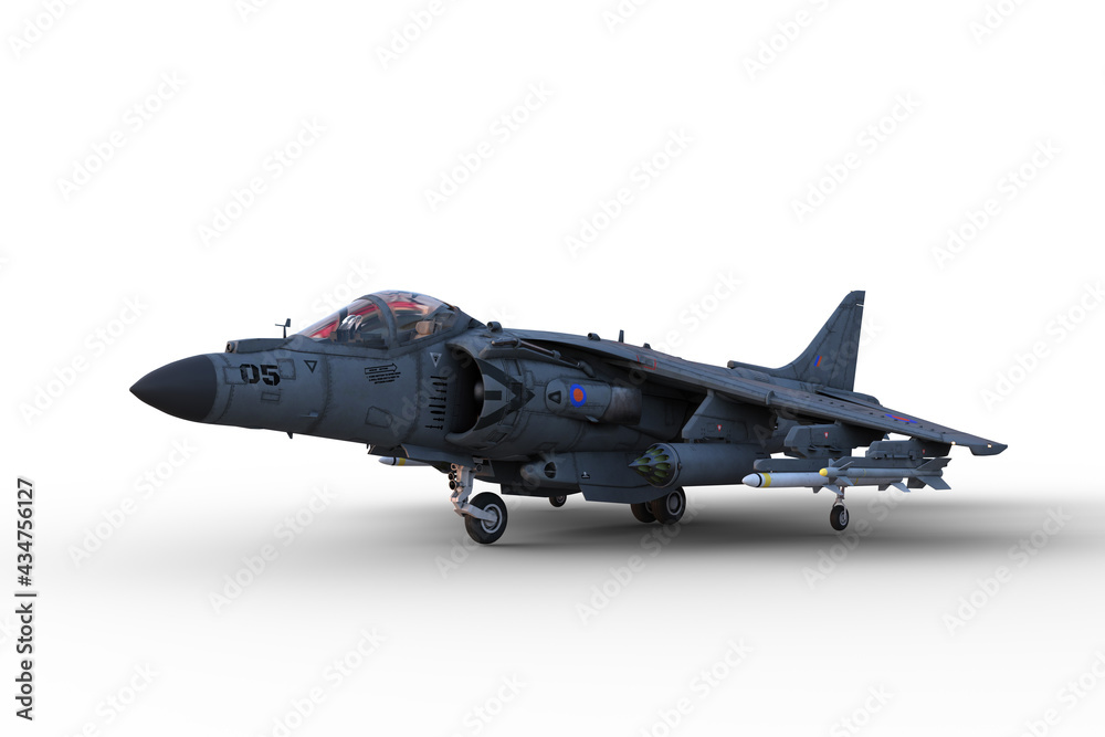 Wall mural 3D illustration of a grey jet fighter aircraft armed with missiles and with undercarriage down on the ground isolated on a white background. - Wall murals