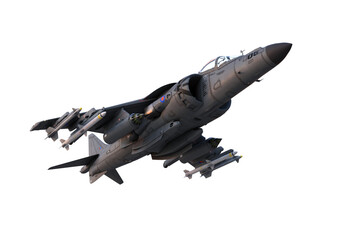 Fototapeta na wymiar 3D illustration of a grey military jet fighter aircraft armed with missiles in flight isolated on a white background.