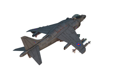 3D illustration of a grey military jet fighter aircraft in flight armed with missiles viewed from above rear isolated on a white background.