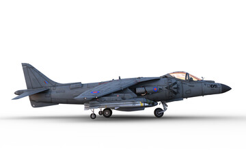 Side view 3D illustration of a grey jet fighter aircraft on the ground and armed with missiles isolated on a white background.