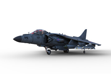 3D illustration of a grey jet fighter aircraft armed with missiles and with undercarriage down on the ground isolated on a white background.