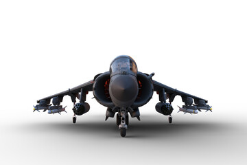 Front view 3D illustration of a grey jet fighter aircraft armed with missiles parked on the ground isolated on a white background. - obrazy, fototapety, plakaty