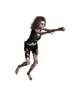Zombie woman chasing and reaching out to grab someone. 3d illustration isolated on white background.
