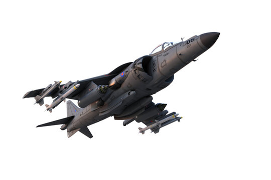 3D illustration of a grey military jet fighter aircraft armed with missiles in flight isolated on a white background.