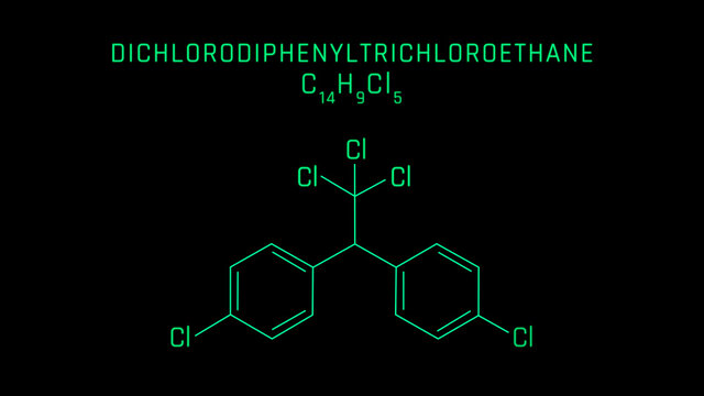 Dichlorodiphenyltrichloroethane or DDT Molecular Structure Symbol on black background