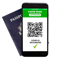 Smart phone with Covid-19 Digital Health Passport on a passport. Isolated on white background including clipping path.