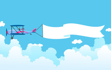 Retro airplane with a banner. Biplane aircraft pulling advertisement banner. Plane with white ribbon for message area.  illustration