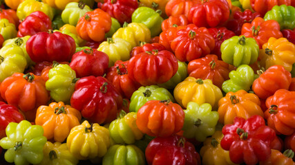 surinam cherries or pitanga fruit also known as brazilian cherry or cayenne cherry or florida cherries, glossy and attractive fruits, closeup side view