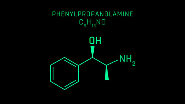 Phenylpropanolamine or PPA Molecular Structure Symbol Neon on black background