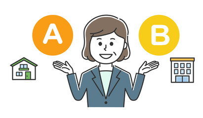 Sales representative comparing detached house and condominium. Vector illustration isolated on white background.