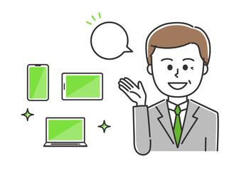 Happy office worker showing handheld devices. Vector illustration isolated on white background.