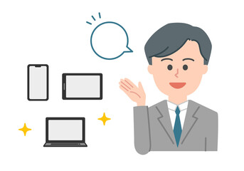 Happy office worker showing handheld devices. Vector illustration isolated on white background.