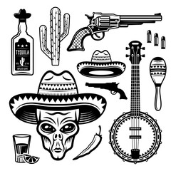 Alien mexican bandit and different native attributes set of vector objects or elements in black and white vintage style isolated illustration