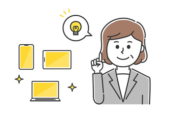 Store clerk explaining handheld devices. Vector illustration isolated on white background.