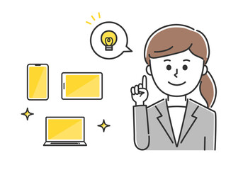 Store clerk explaining handheld devices. Vector illustration isolated on white background.