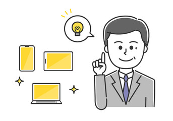 Store clerk explaining handheld devices. Vector illustration isolated on white background.