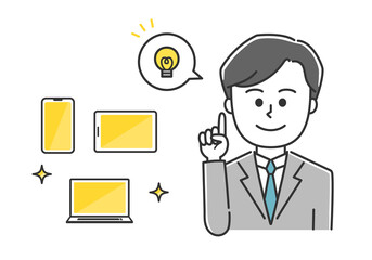 Store clerk explaining handheld devices. Vector illustration isolated on white background.