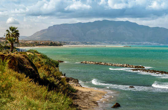 Landscape of Mediterranean sea from sicilian village Trappeto, province of Palermo, Italy