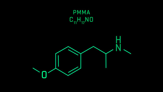 paraMethoxyNmethylamphetamine also known as PMMA or Red Mitsubishi Molecular Structure Symbol Neon on black background