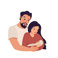 The husband hugs his wife with the baby in her arms. Happy mother, family, children day. Mom and Dad are happy and smiling. The family cares and loves the newborn