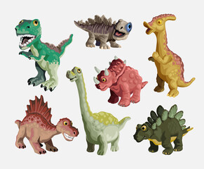 Cartoon dinosaur set. Cute dinosaurs child plastic toys collection. Colored predators and herbivores. Vector illustration isolated on white background