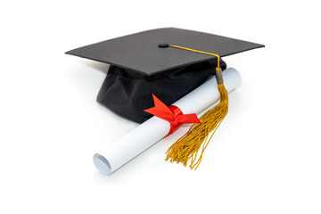 Front view of graduation hat and diploma, isolated on white background. Education concept.