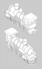 Set with two front and rear views of a steam locomotive. Vector coloring page 3d model train. Vintage retro black and white train graphic vector. Isolated