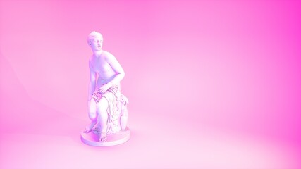 Vaporwave aesthetics ancient statue in vibrant purple lights in empty room. 3D illustration