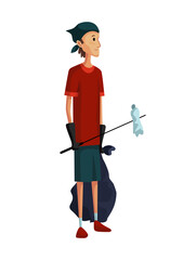 Young man with stick and package. Garbage collection. Volunteer collect garbage. Plastic pollution awareness, environment protection and eco themed design