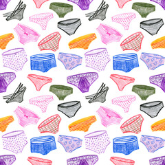 Cute seamless pattern with women's lingerie. Funny colorful background with different panties. Fashion illustration.