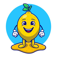 Summer with Cute Lemon on Beach flat illustration. Hello Summer Food and Fruits concept flat cartoon style