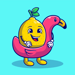 Summer with Cute Lemon using Flamingo Swimming Float flat illustration. Hello Summer Food and Fruits concept flat cartoon style