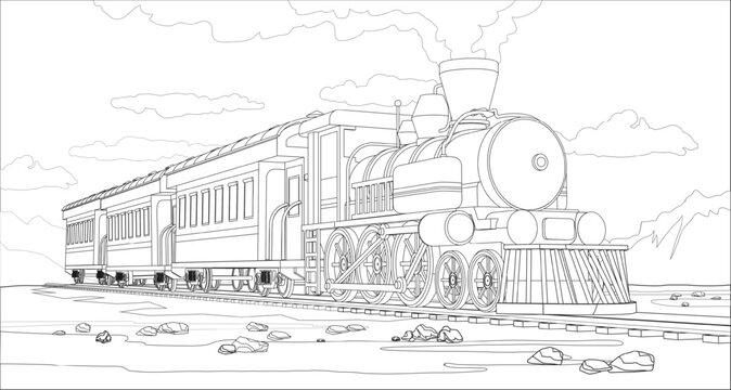 Vector coloring page with 3d model train and bright landscape. Beautiful vector illustration with train travel. Vintage retro train graphic vector