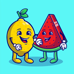Summer with Cute Lemon and Watermelon flat illustration. Hello Summer Food and Fruits concept flat cartoon style
